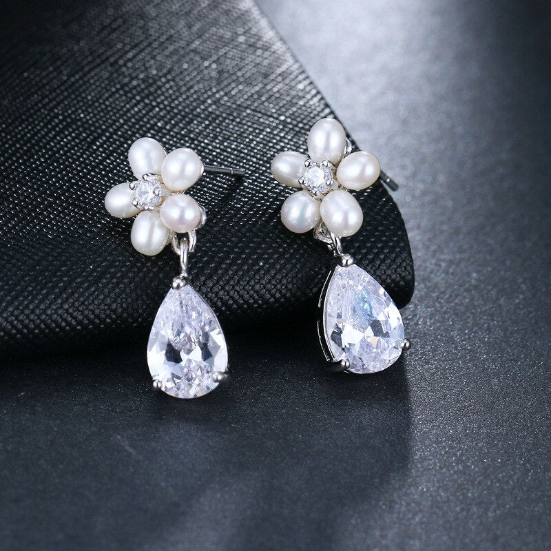 "Beverly" - Pearl and Cubic Zirconia Bridal Necklace and Earrings Set