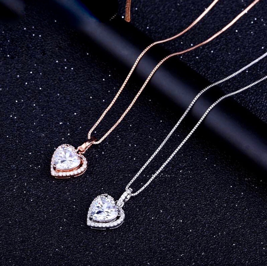 "Etienne" - Heart CZ Bridal Necklace - Available in Silver and Rose Gold