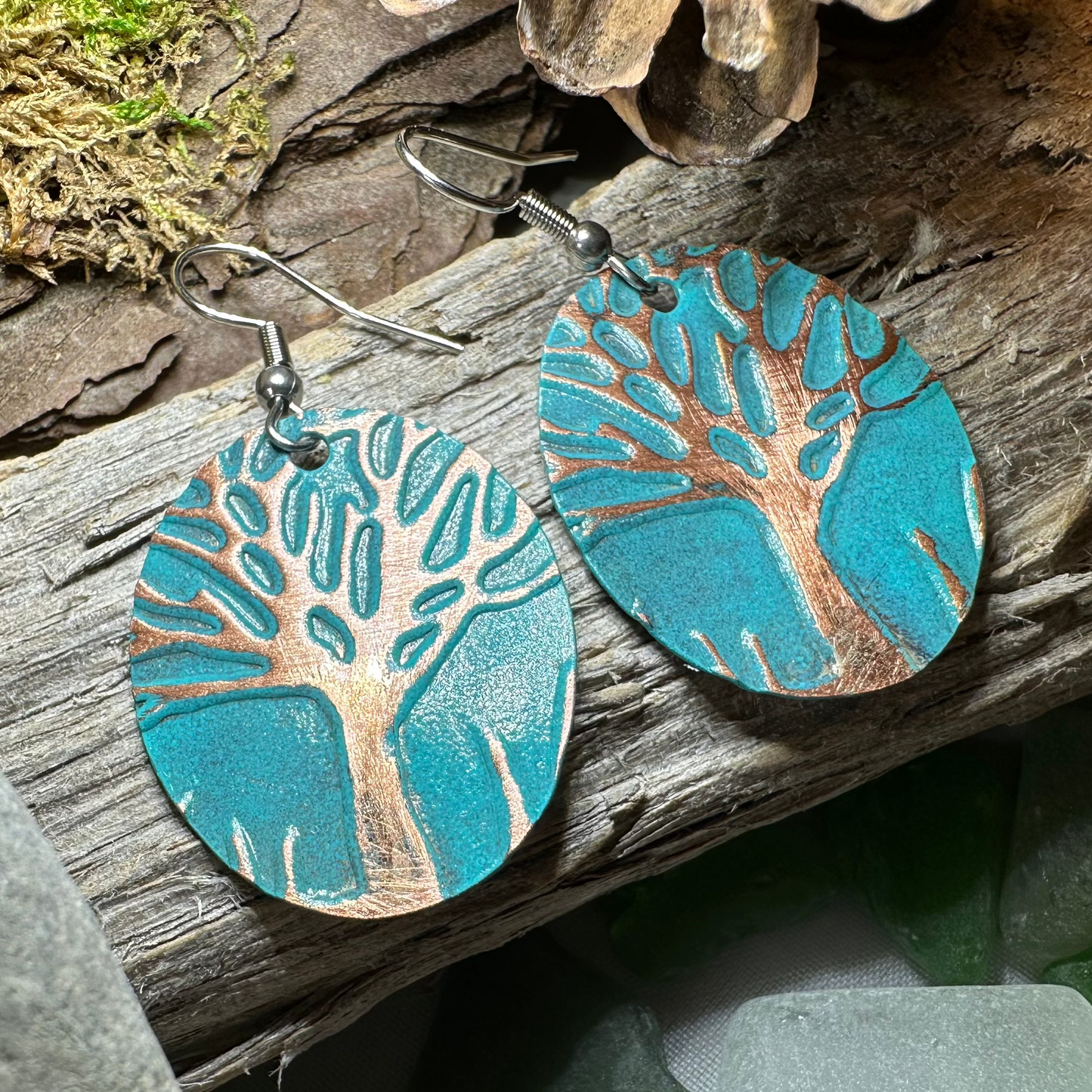 Green Oak Tree of Life Copper Earrings