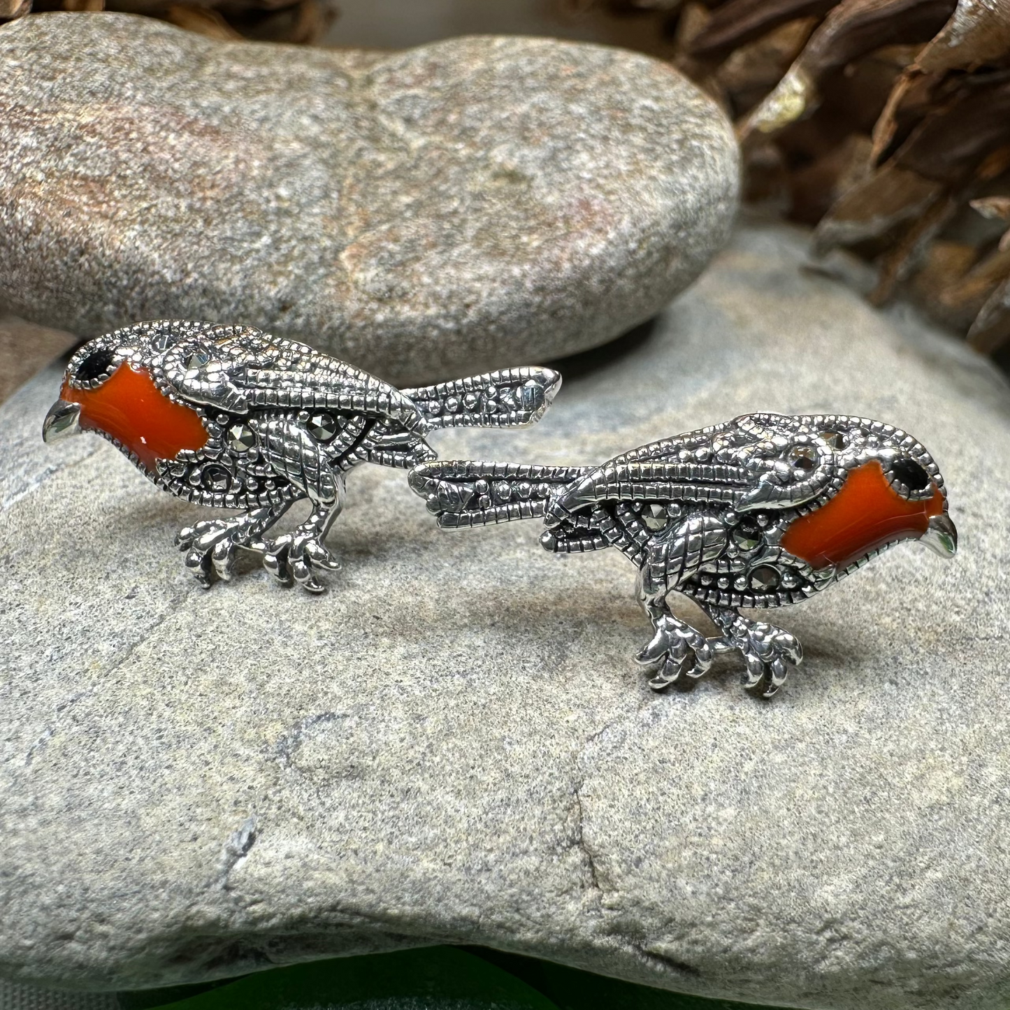 Redbreasted Robin Marcasite Earrings