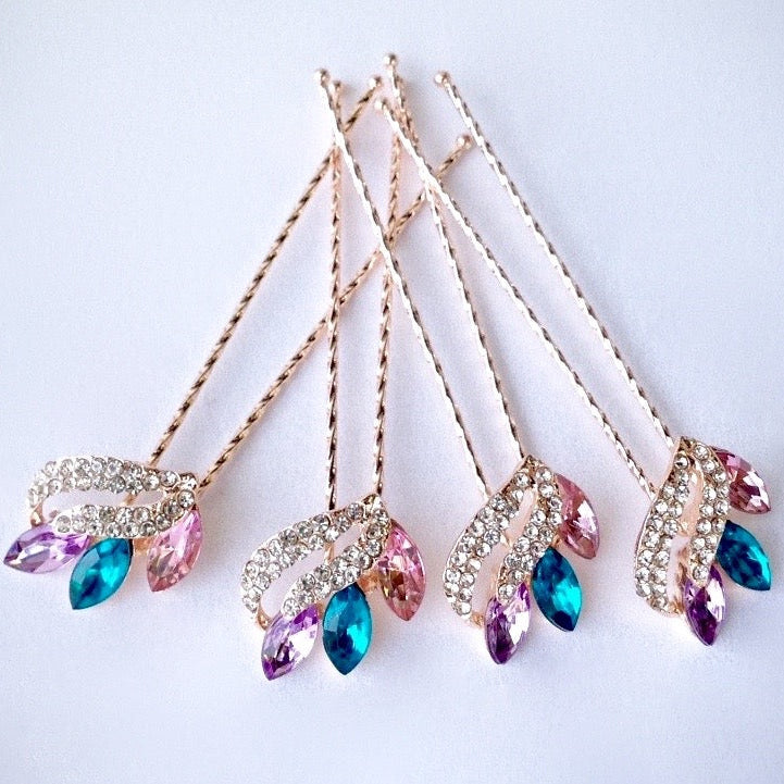 Miley - Rose Gold Colorful Crystal Hair Pins - Set of 4