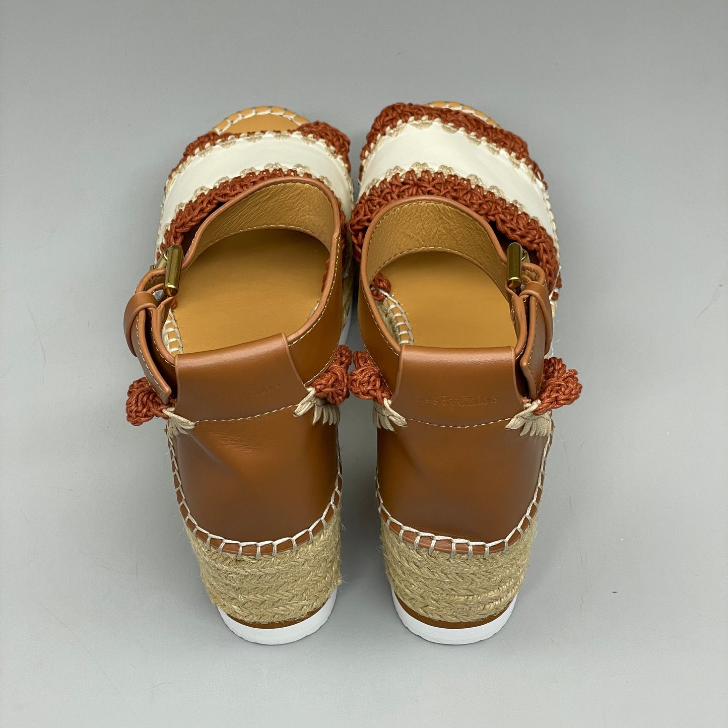 SEE BY CHLOÉ Glyn Espadrille Crocheted Edge Ankle-Strap Sandals Tan/Red Women's Sz 8 EU 38 SB38151A (New)