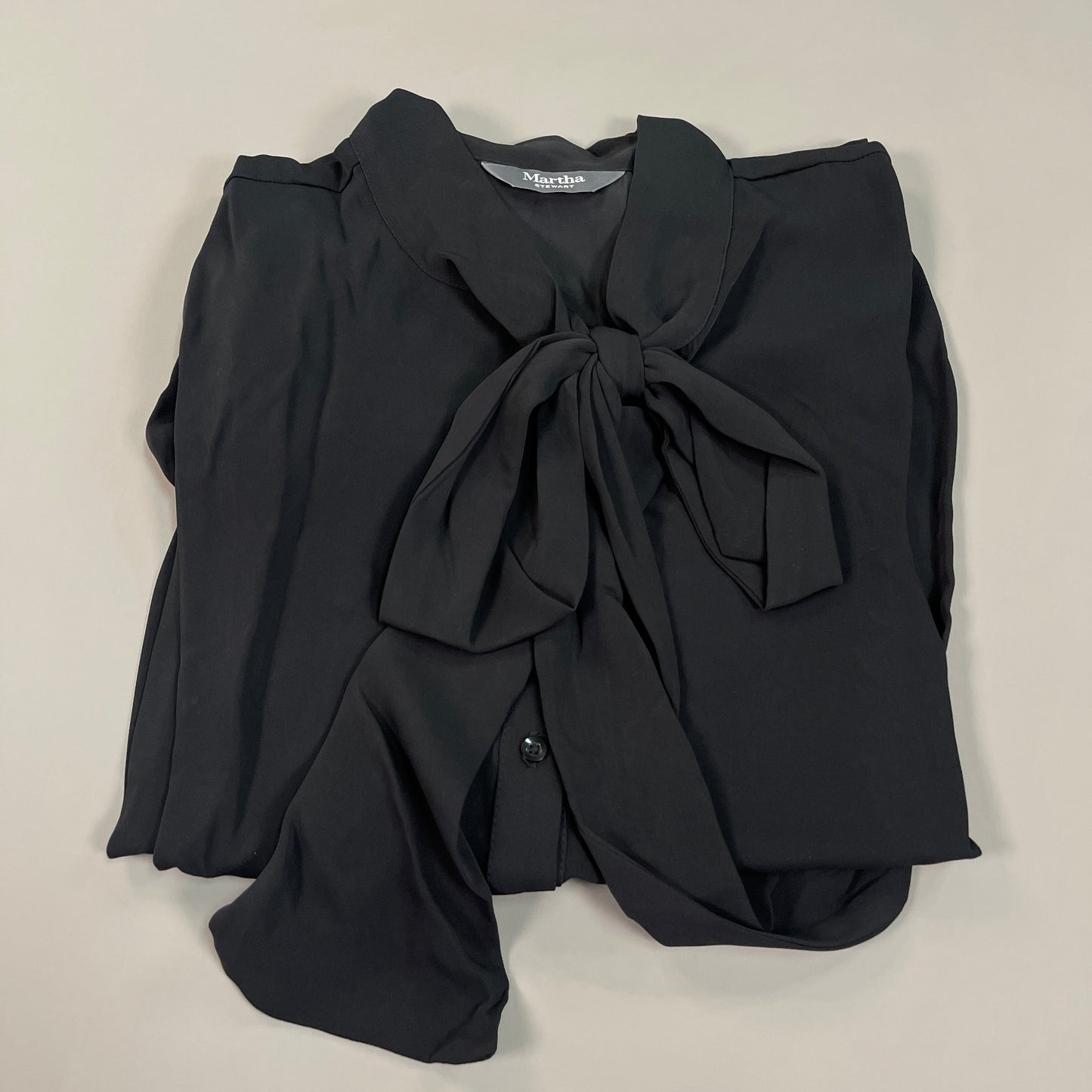 MARTHA STEWART Woven Front Button Blouse Top Tie Neck Women's Sz M Black (New)