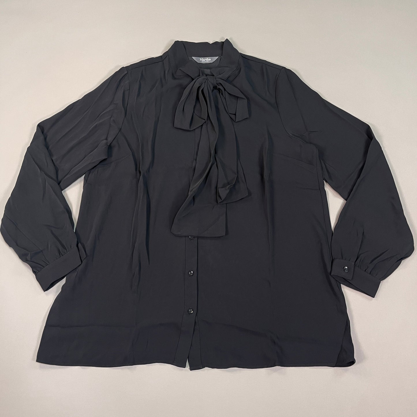 MARTHA STEWART Woven Front Button Blouse Top Tie Neck Women's Sz M Black (New)