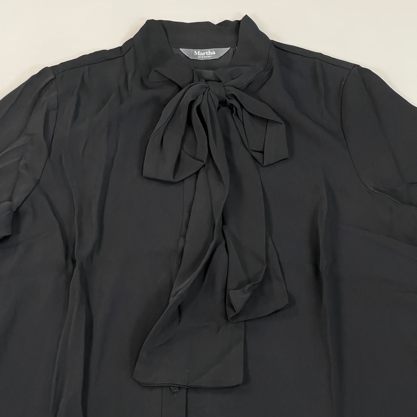 MARTHA STEWART Woven Front Button Blouse Top Tie Neck Women's Sz M Black (New)