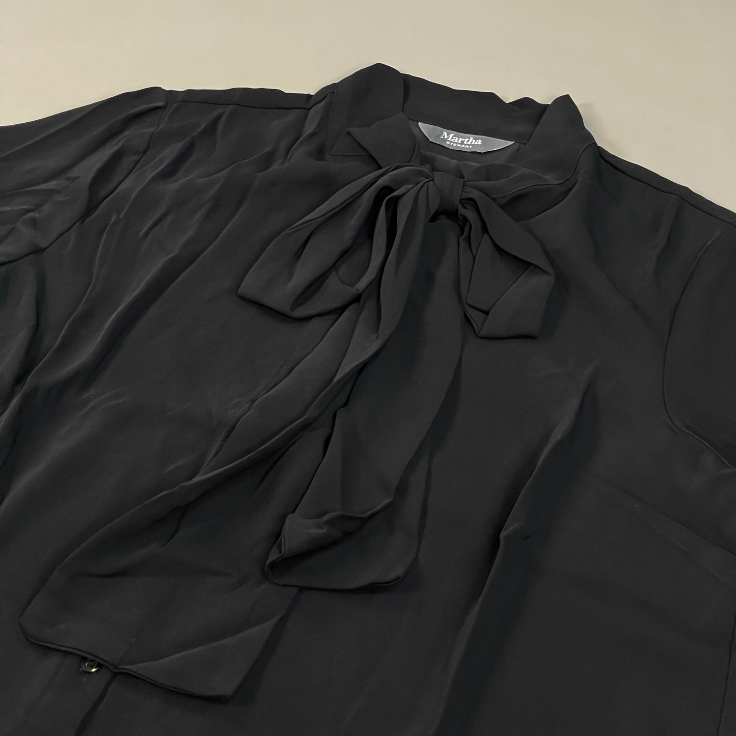 MARTHA STEWART Woven Front Button Blouse Top Tie Neck Women's Sz M Black (New)