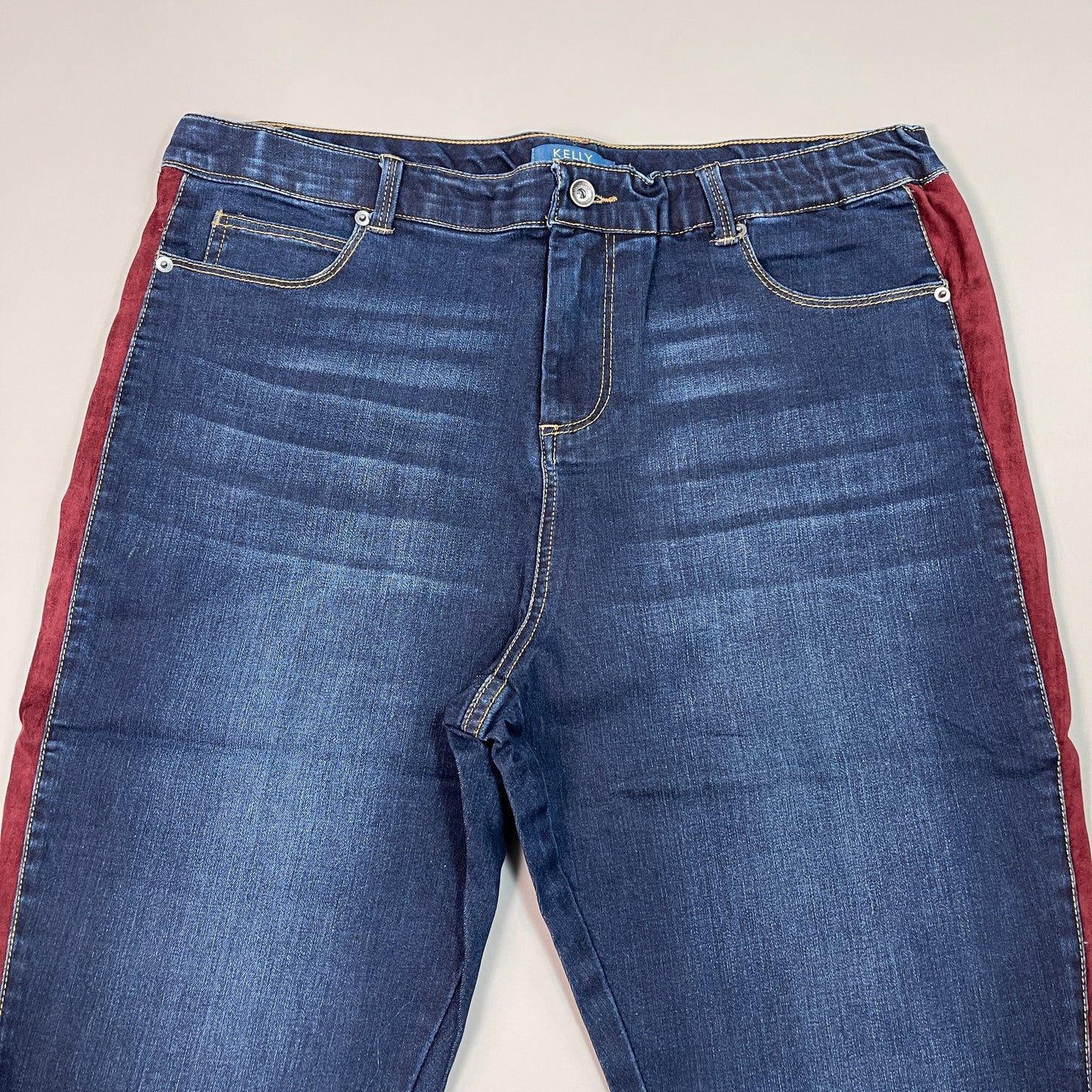 CLINTON KELLY Frayed Hem Jeans Women's Sz 16 Regular Dark Wash W/ Maroon Striped Side (New)