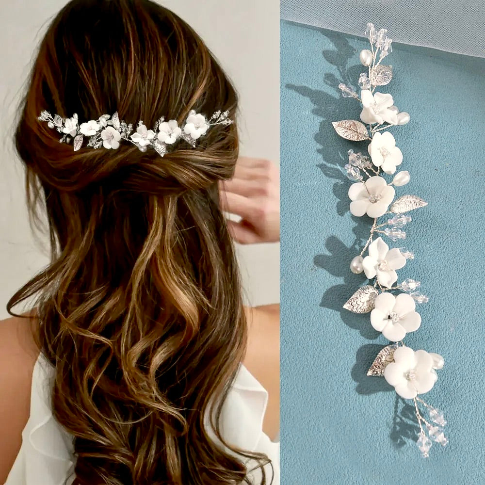 Adria - Ivory Ceramic Flowers Bridal Short Hair Vine