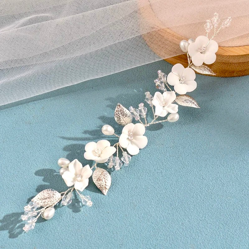 Adria - Ivory Ceramic Flowers Bridal Short Hair Vine