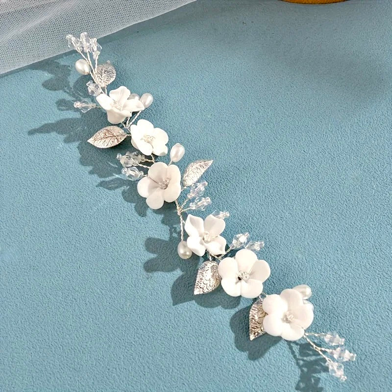 Adria - Ivory Ceramic Flowers Bridal Short Hair Vine