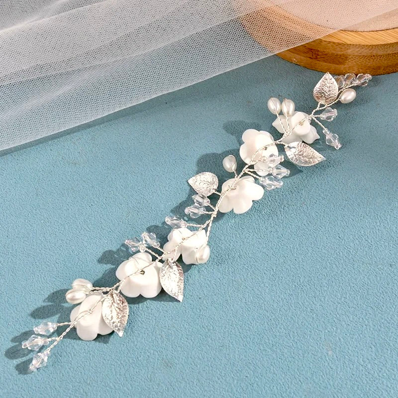 Adria - Ivory Ceramic Flowers Bridal Short Hair Vine