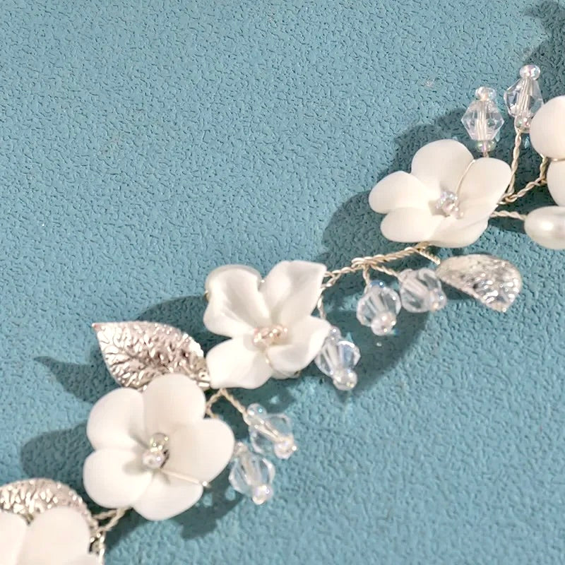 Adria - Ivory Ceramic Flowers Bridal Short Hair Vine