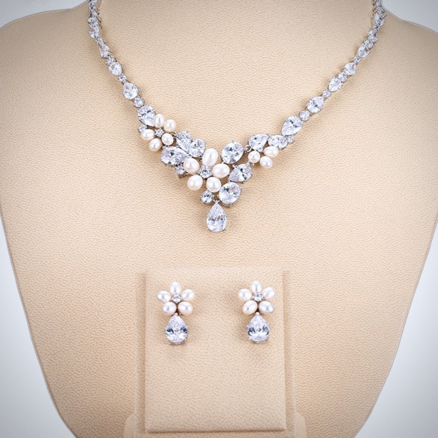 Eloise - Freshwater Pearl and Cubic Zirconia Bridal Jewelry Set - Available in Silver and Rose Gold