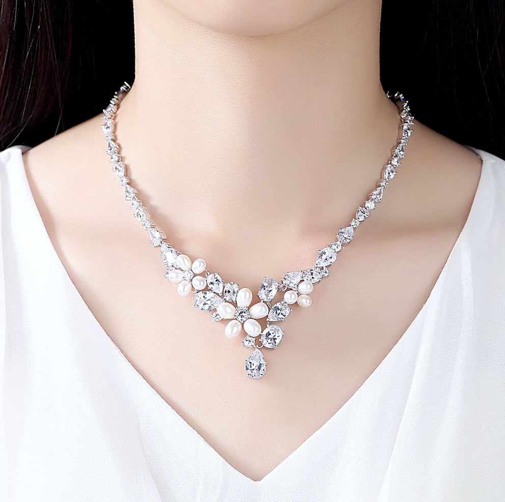 Eloise - Freshwater Pearl and Cubic Zirconia Bridal Jewelry Set - Available in Silver and Rose Gold