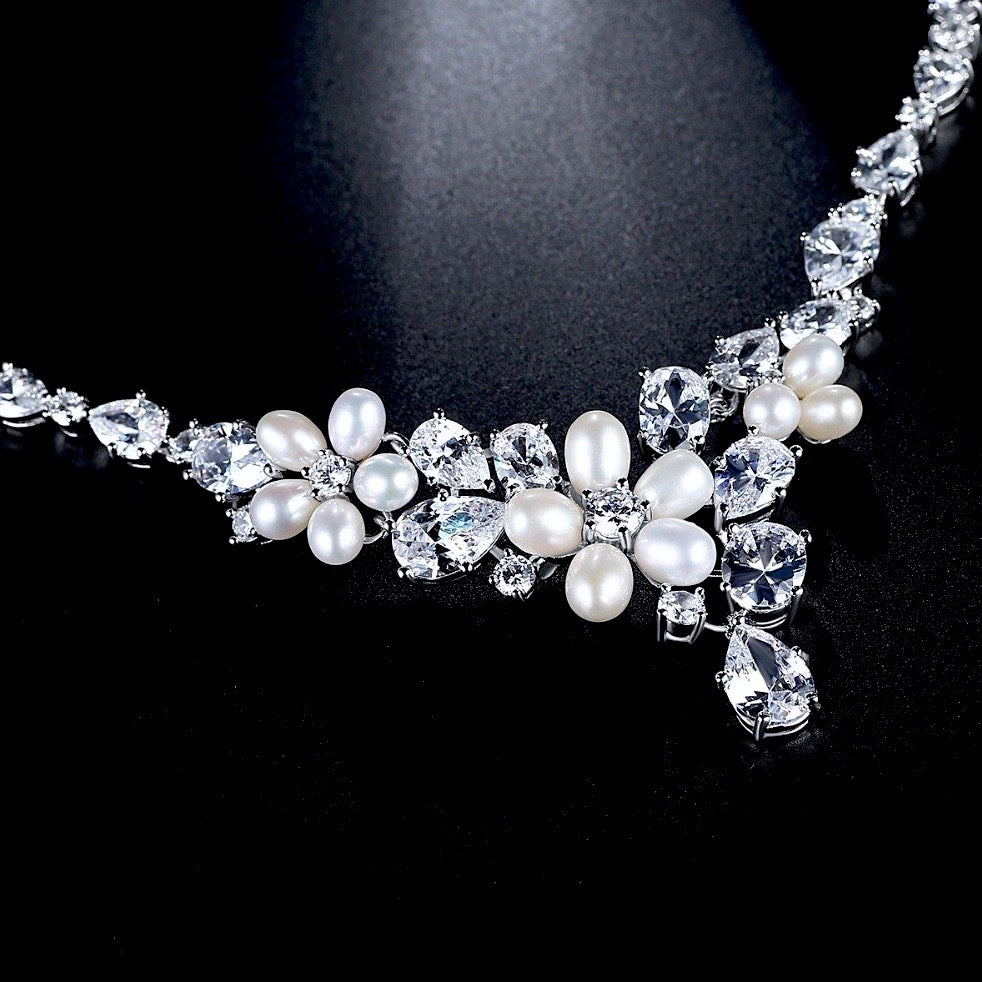 Eloise - Freshwater Pearl and Cubic Zirconia Bridal Jewelry Set - Available in Silver and Rose Gold