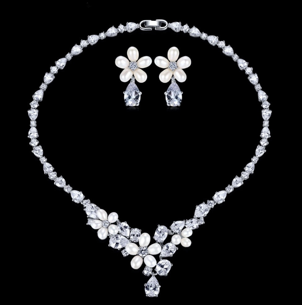 Eloise - Freshwater Pearl and Cubic Zirconia Bridal Jewelry Set - Available in Silver and Rose Gold