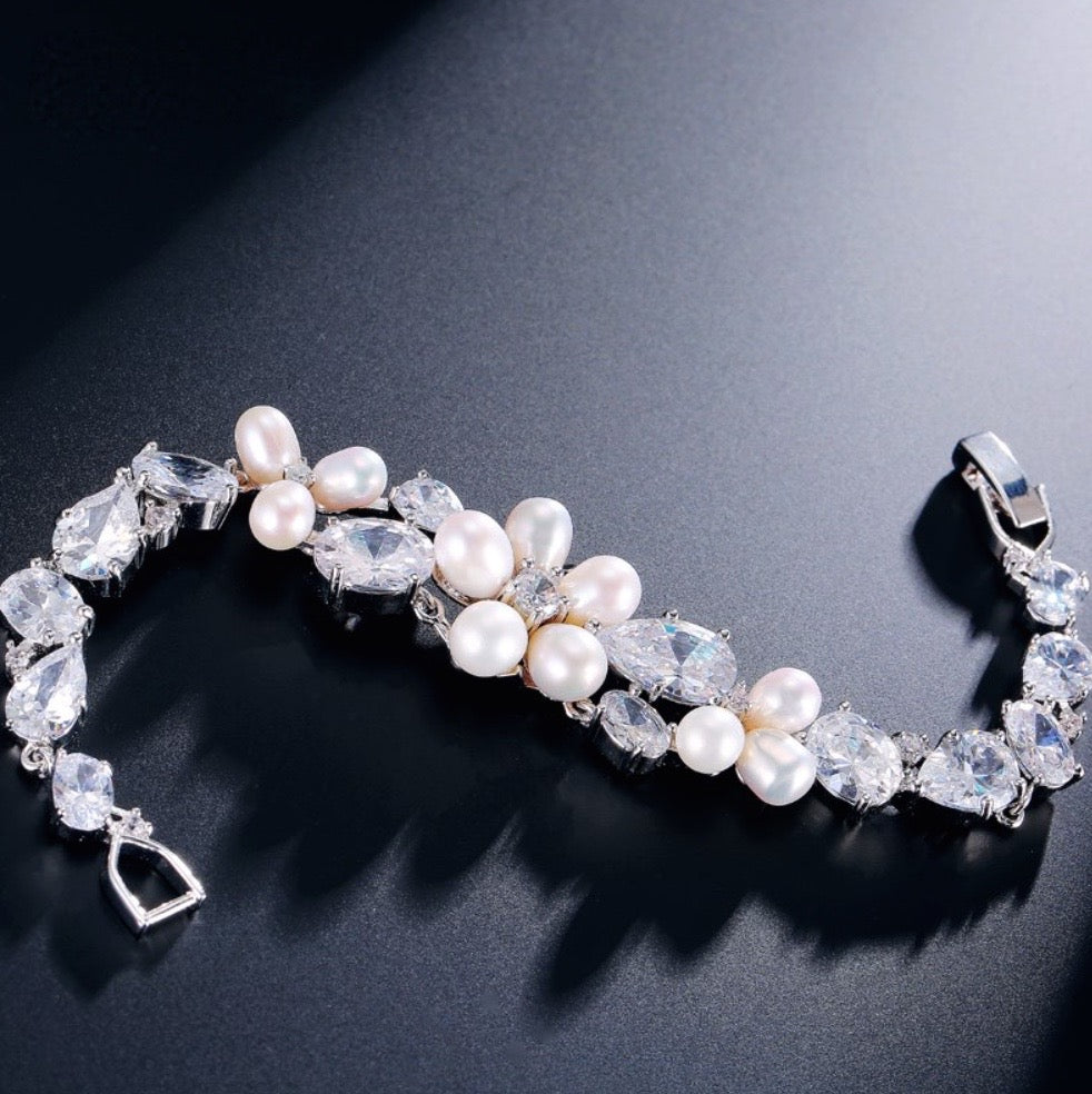 Eloise - Freshwater Pearl and Cubic Zirconia Bridal Jewelry Set - Available in Silver and Rose Gold