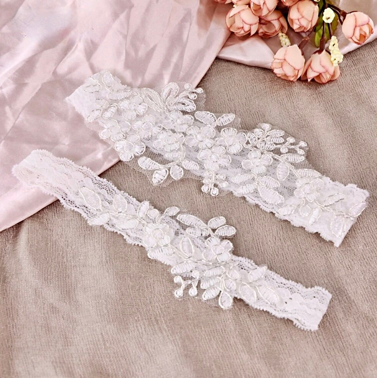 "Kristyn" - White Lace Bridal Garter Set