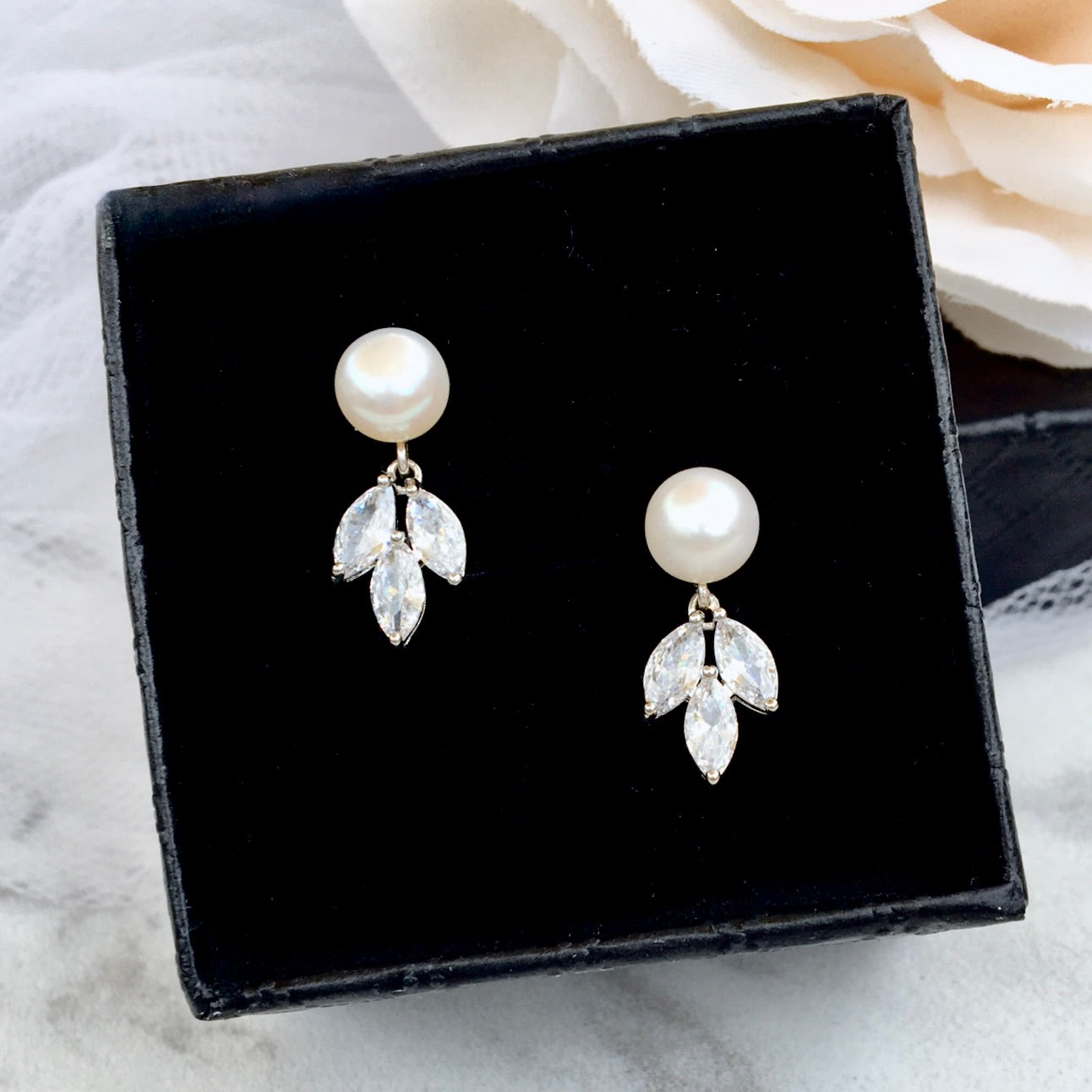 Maitlyn - Minimalist Pearl and Cubic Zirconia Bridal Earrings