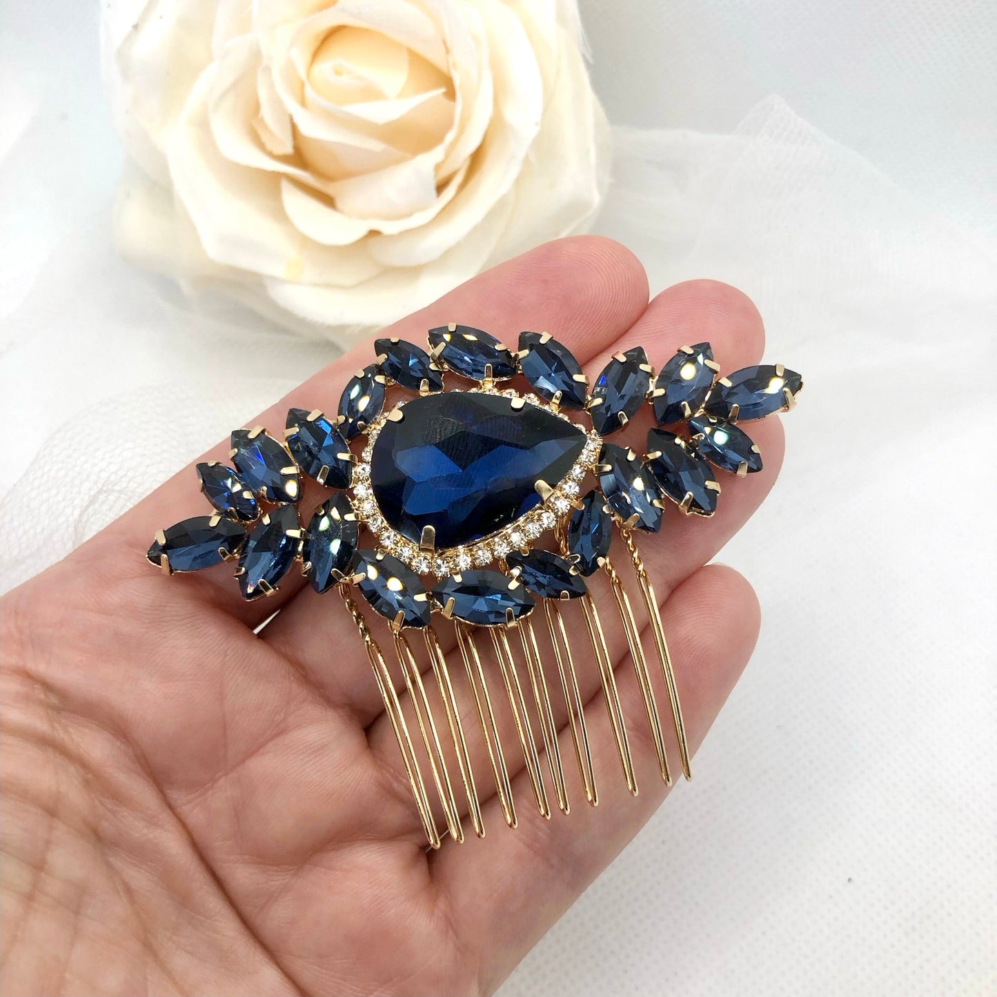 "Bluebell" - Navy Blue Crystal Bridal Hair Comb