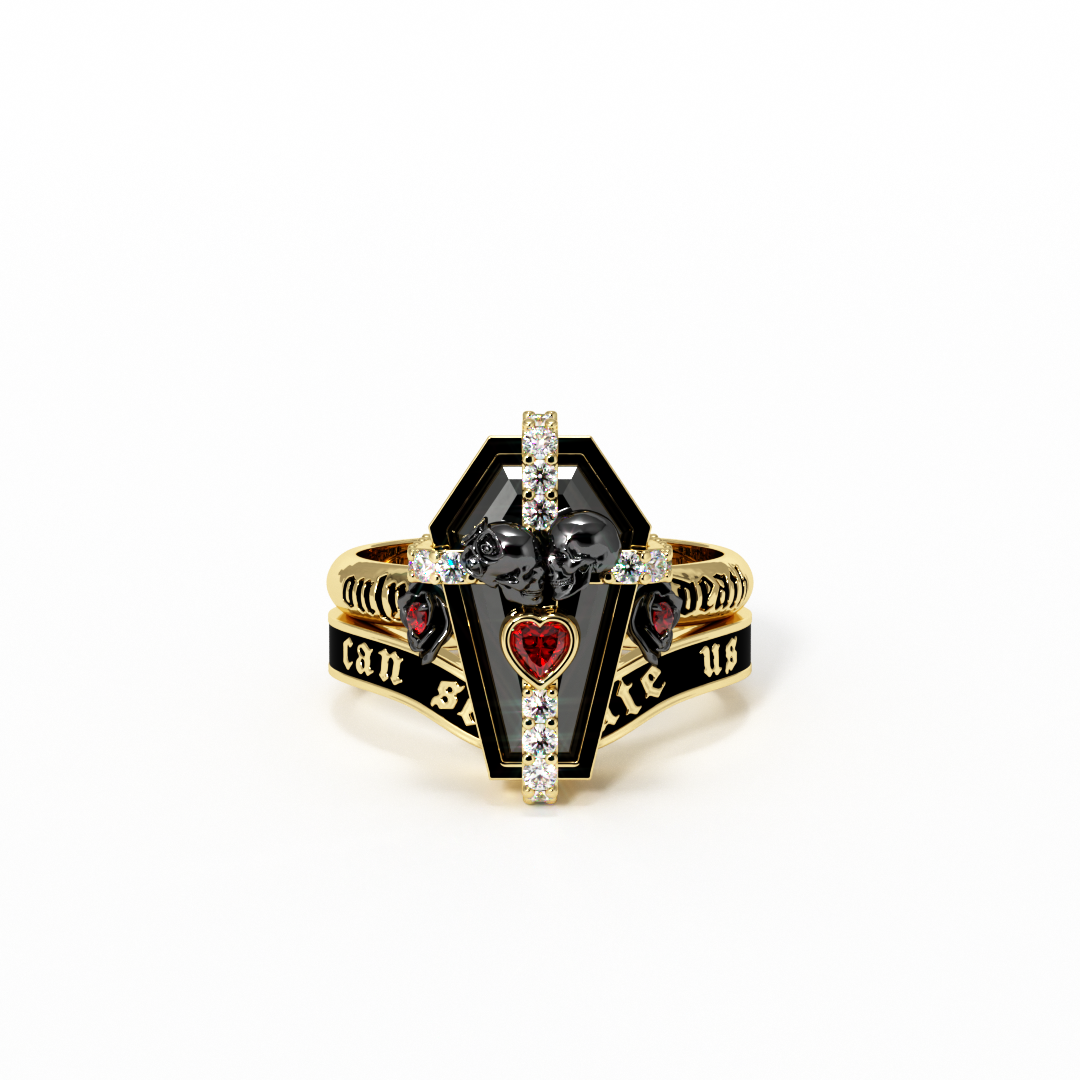 Only Death Can Separate Us Coffin Cut Diamond Wedding Rings