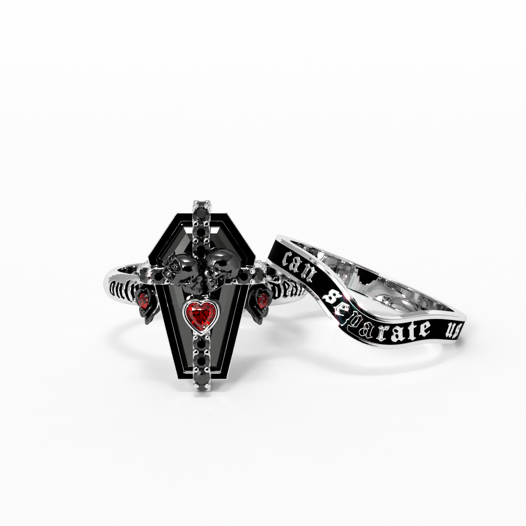 Only Death Can Separate Us Coffin Cut Diamond Wedding Rings