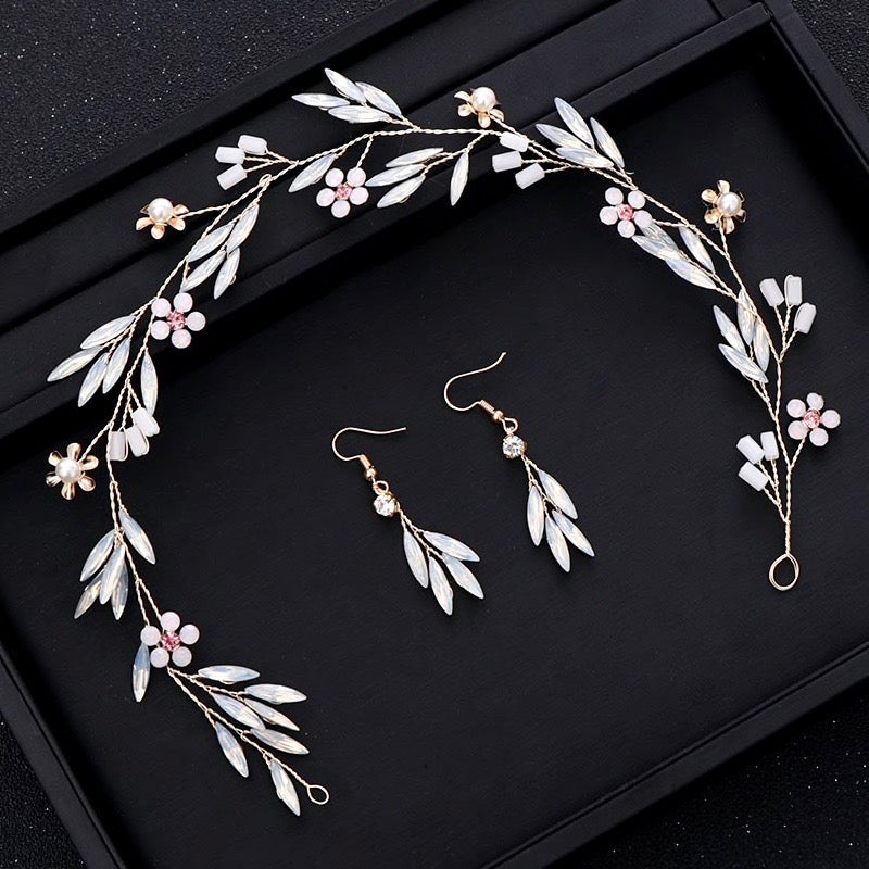 "Fabienne" - Gold Opal Bridal Headband/Hair Vine With Matching Earrings