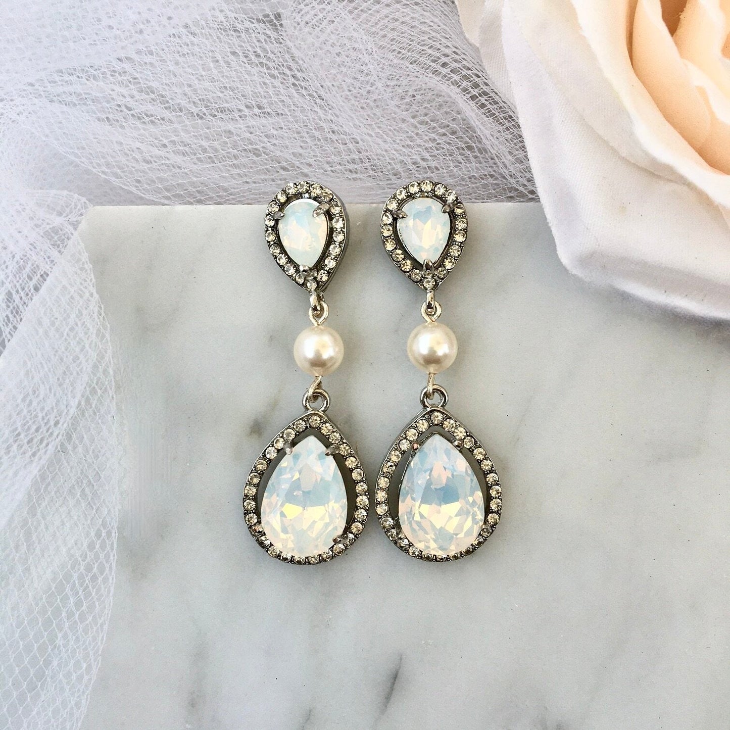 "Opal" - Pearl and Opal Bridal Earrings