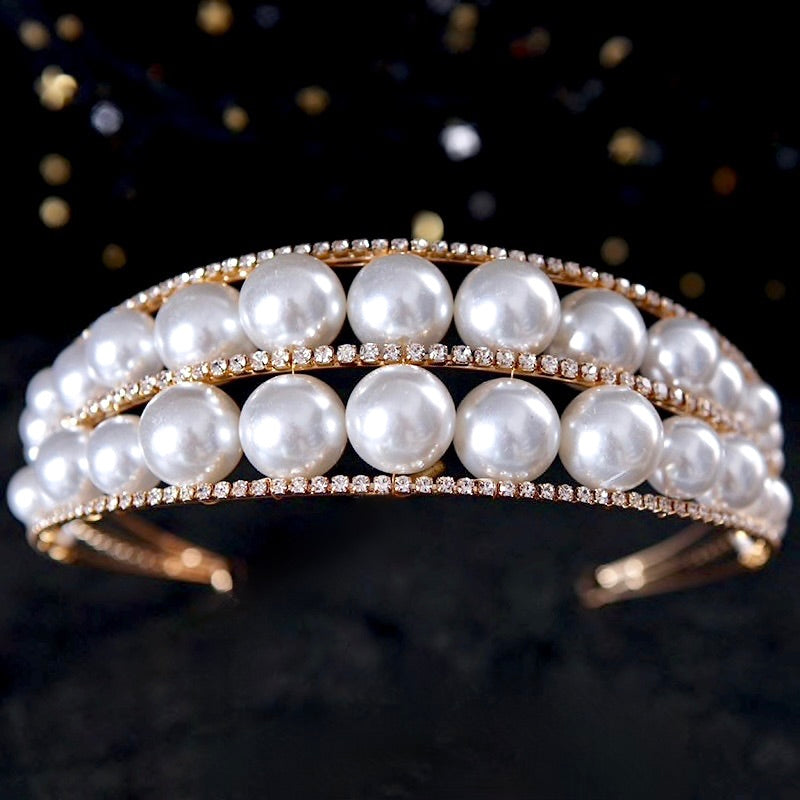 Barcelona - Oversized Double Pearl Bridal Headband / Tiara - Available in Silver and Gold