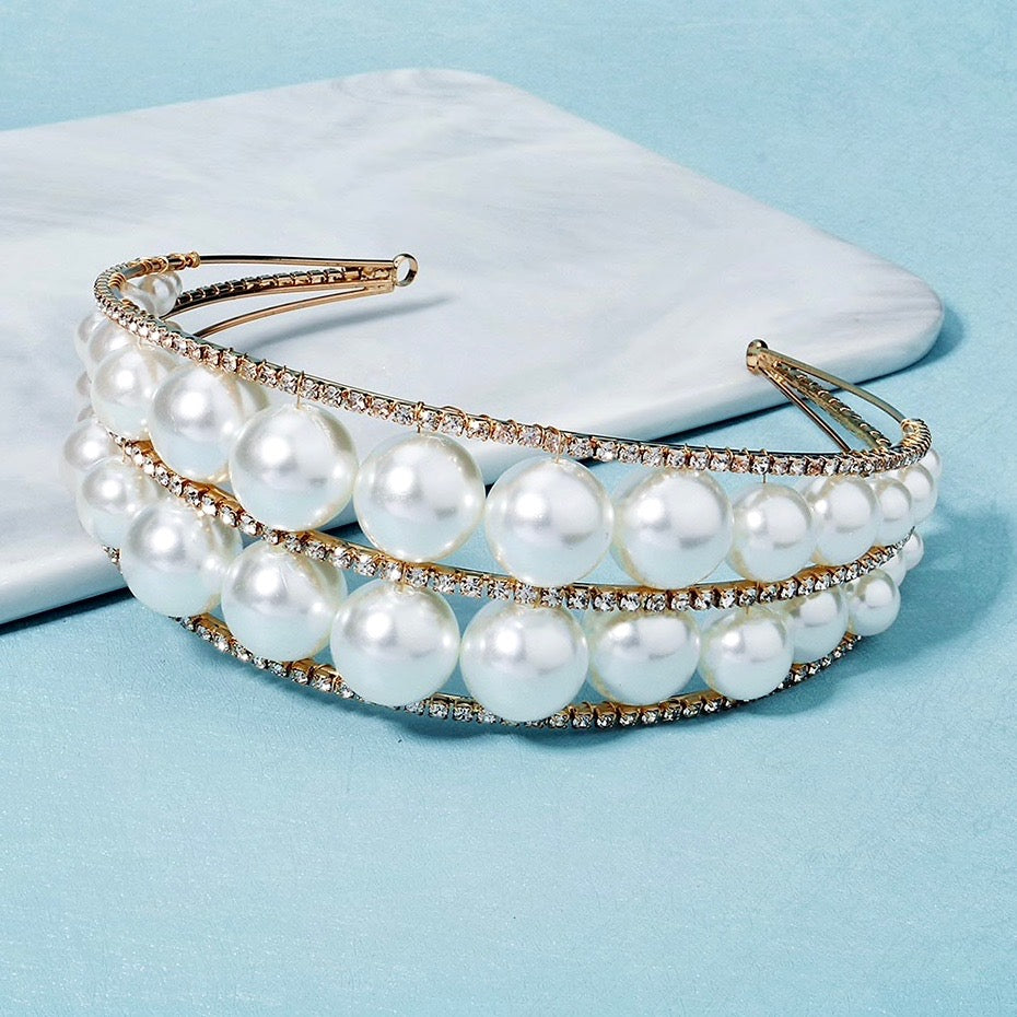 Barcelona - Oversized Double Pearl Bridal Headband / Tiara - Available in Silver and Gold