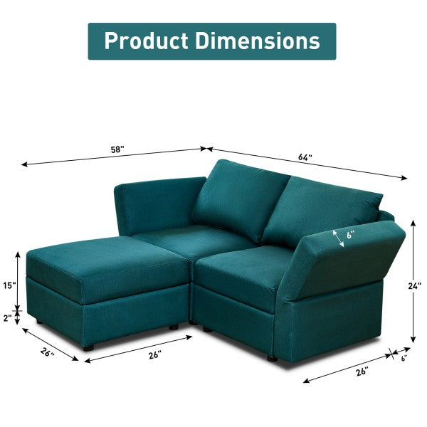 Ainfox L Shaped 2 Seats +1 Ottoman Modular Sectional Sofa Couch With Storage