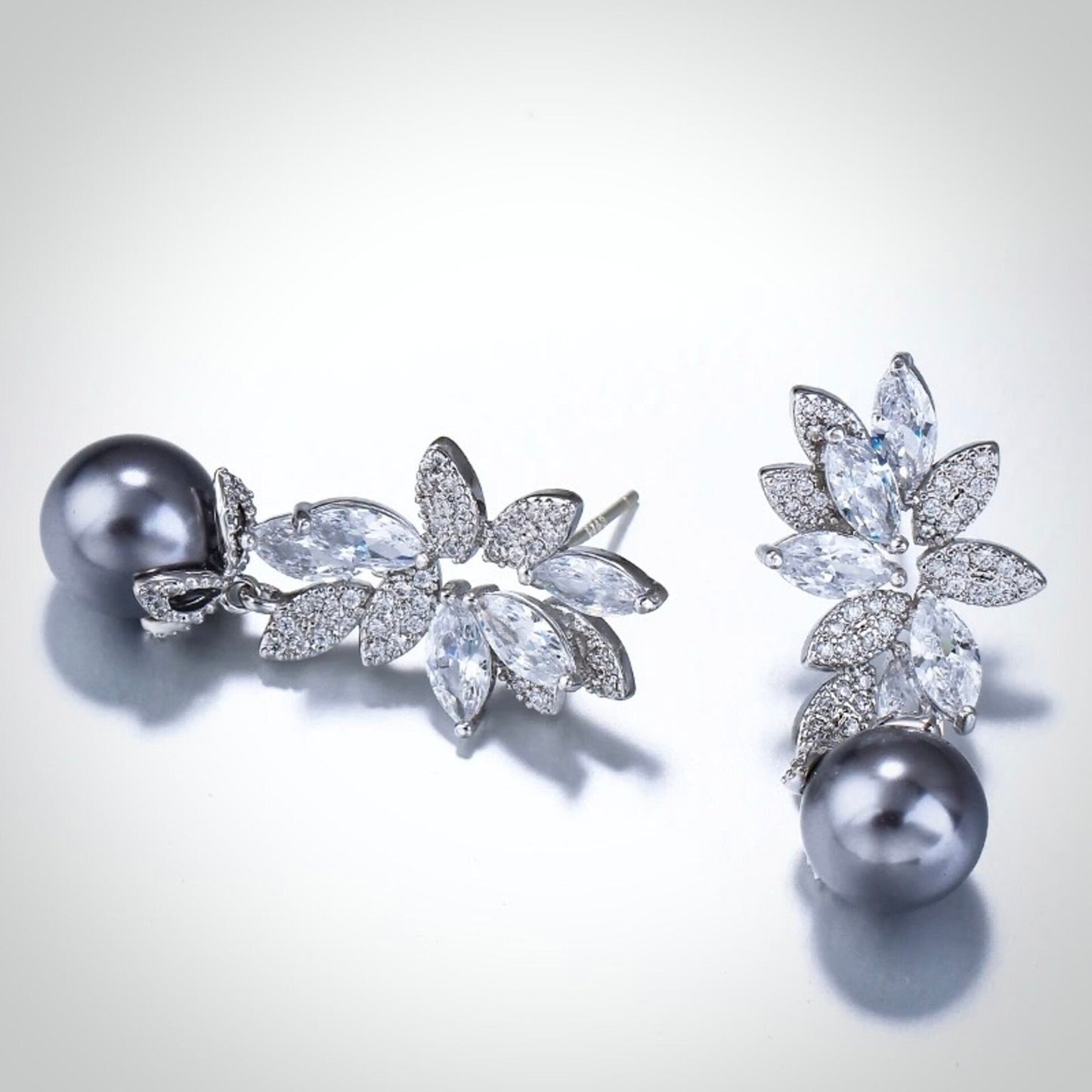 Ida - Gray Pearl and Cubic Zirconia Bridal Earrings