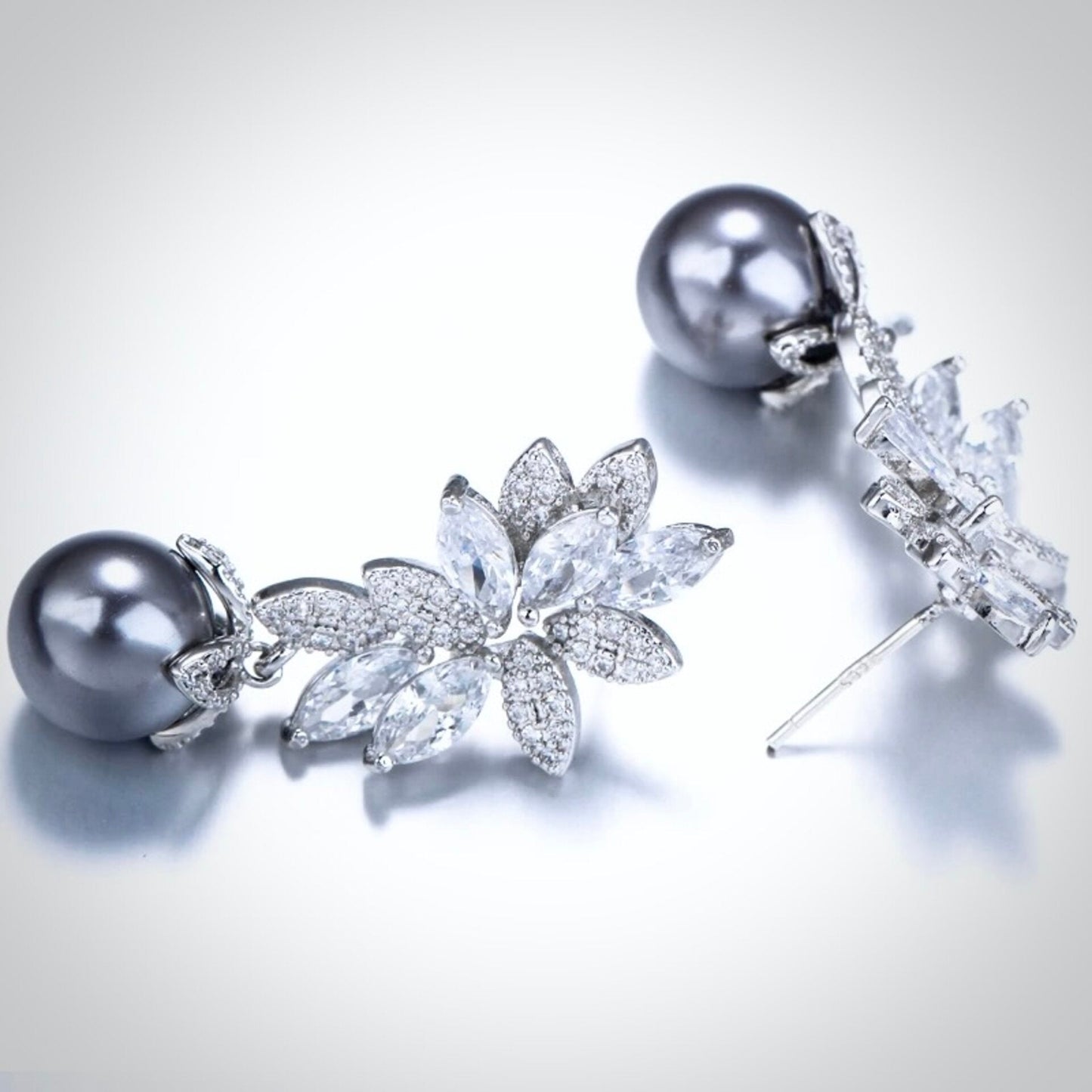 Ida - Gray Pearl and Cubic Zirconia Bridal Earrings