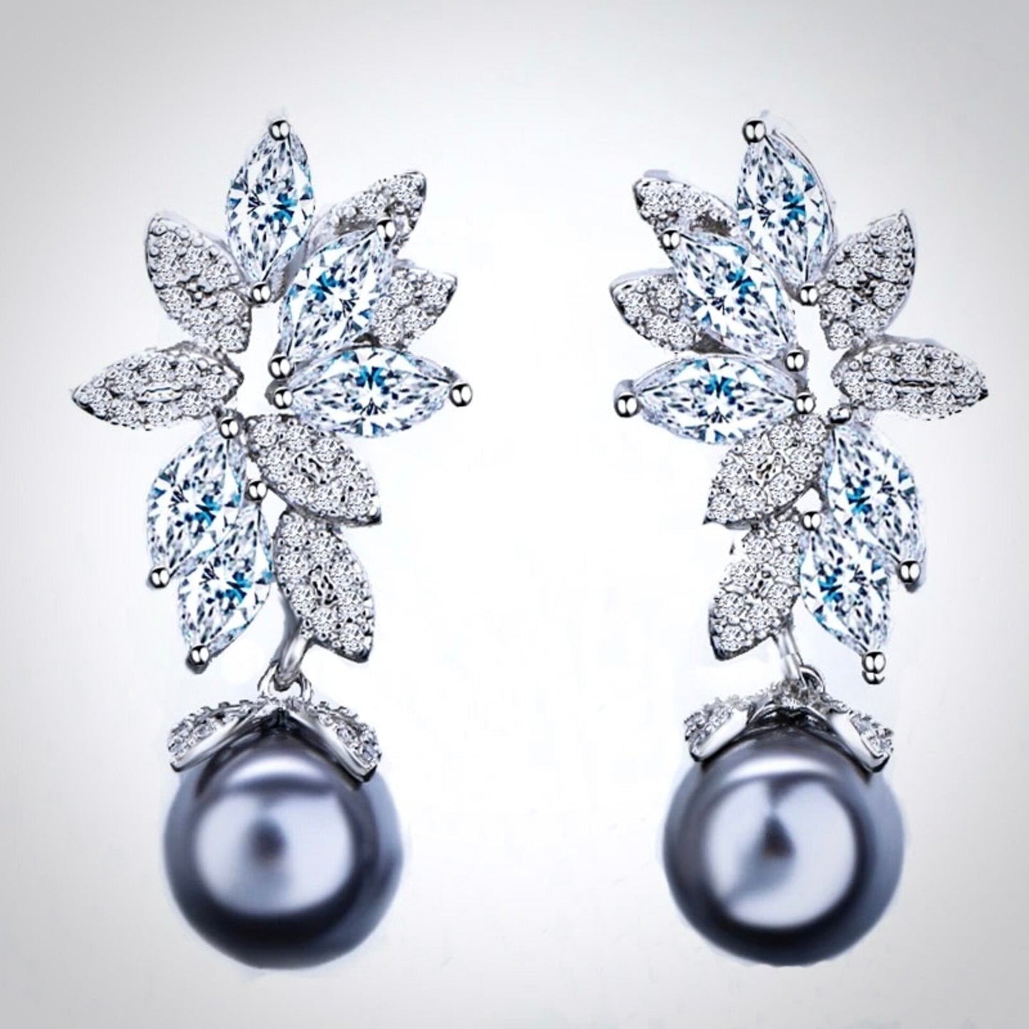 Ida - Gray Pearl and Cubic Zirconia Bridal Earrings