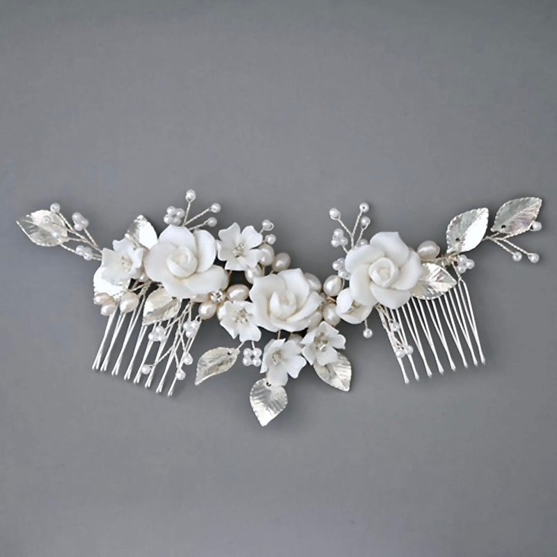 "Gloria" - Ceramic Flowers Silver Bridal Hair Comb / Vine