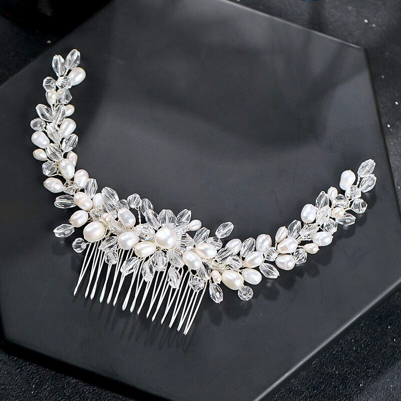 "Daliya" - Silver Natural Pearls Bridal Hair Comb