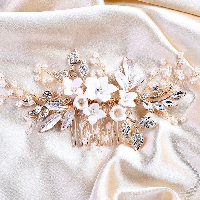 Dawn - Pearl and Crystal Bridal Hair Comb - Available in Silver, Rose Gold and Yellow Gold