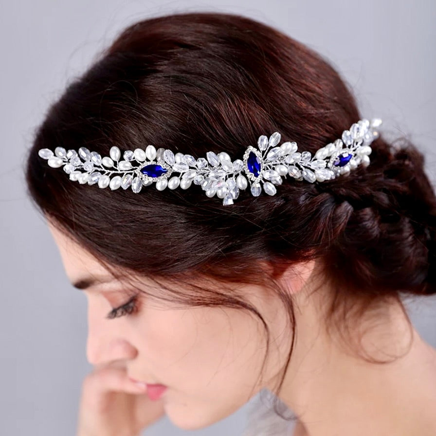 Clementine - Blue Crystal and Pearl Bridal Hair Comb / Hair Vine