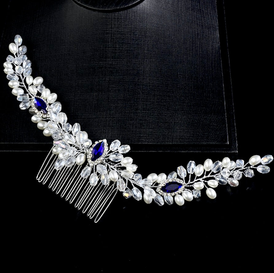 Clementine - Blue Crystal and Pearl Bridal Hair Comb / Hair Vine