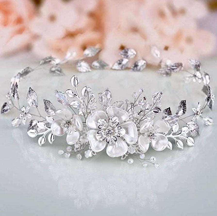 "Carol" - Silver Pearl and Crystal Bridal Headband