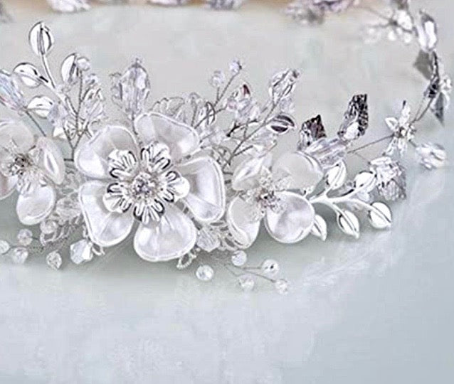 "Carol" - Silver Pearl and Crystal Bridal Headband