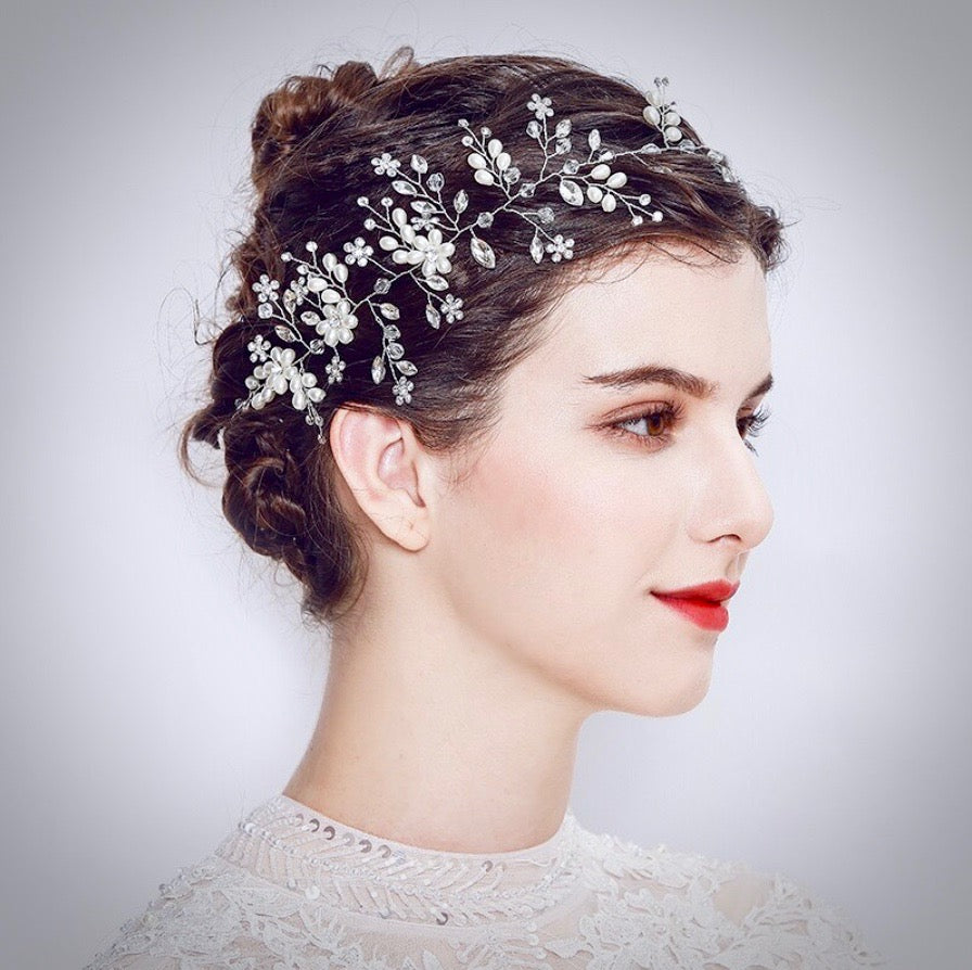 "Tivoli" - Silver Pearl and Crystal Bridal Headband / Hair Vine