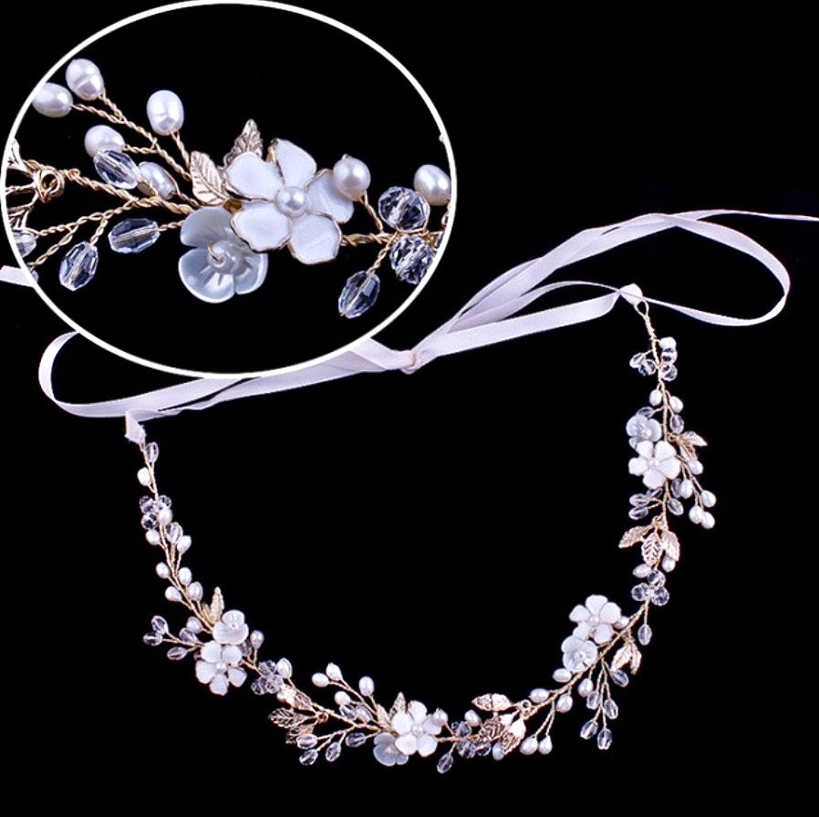 Andiana - Freshwater Pearl and Crystal Bridal Headband / Vine - Available in Silver and Yellow Gold