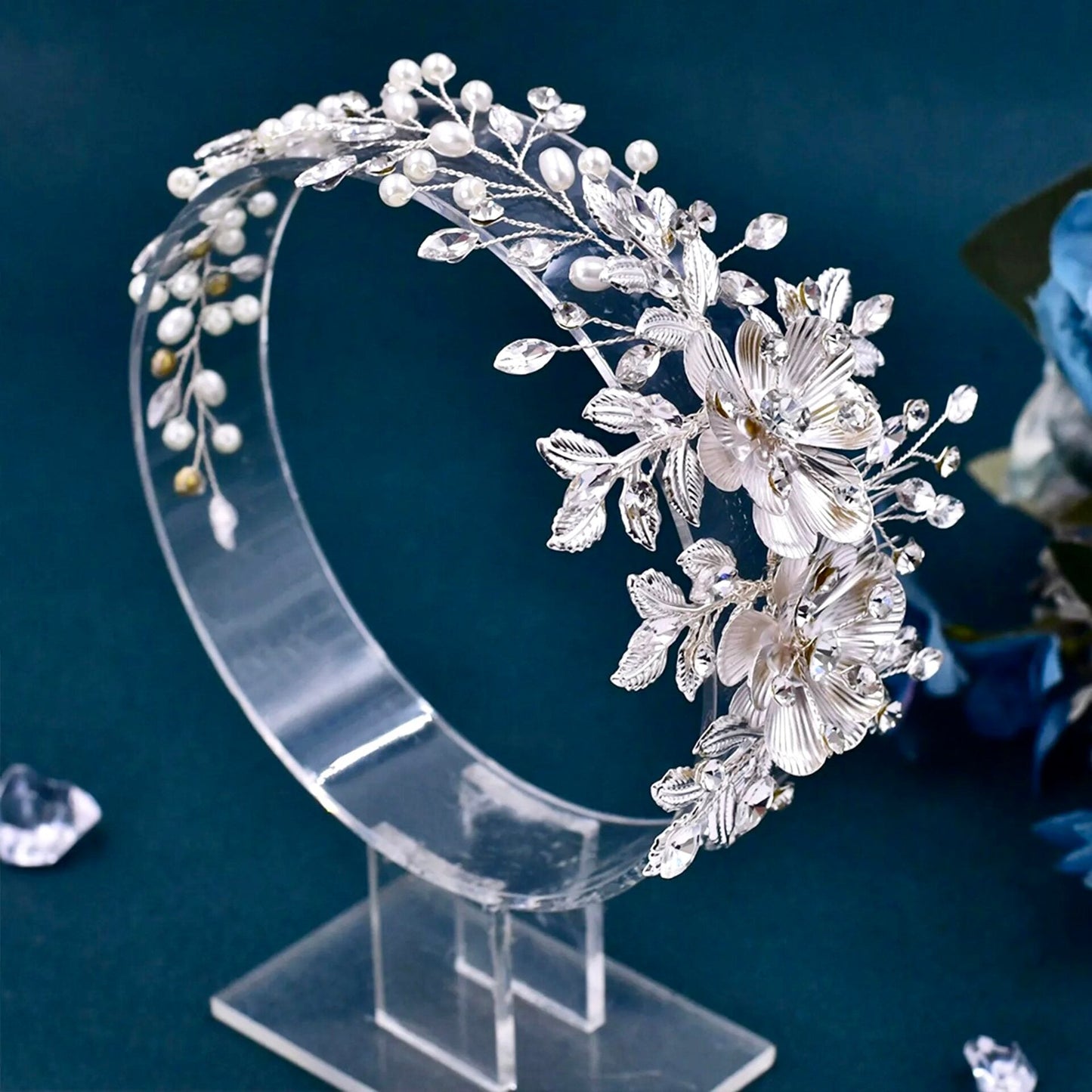 Carlotta - Silver Pearl and Crystal Bridal Headband / Hair Vine
