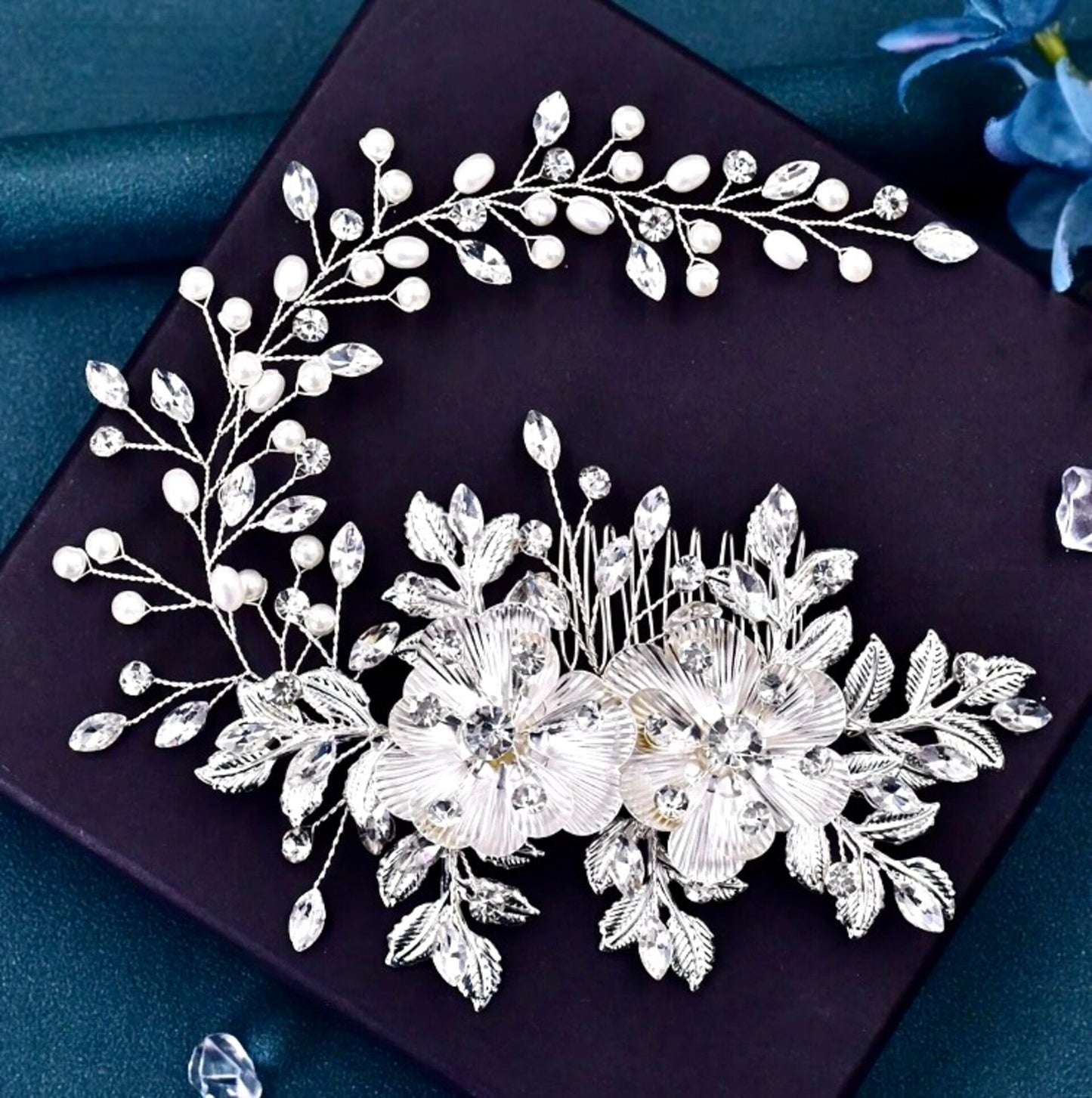 Carlotta - Silver Pearl and Crystal Bridal Headband / Hair Vine