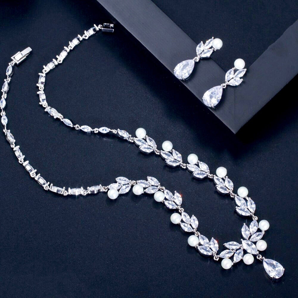 Tamron - Pearl and Cubic Zirconia Bridal Necklace and Earrings Set