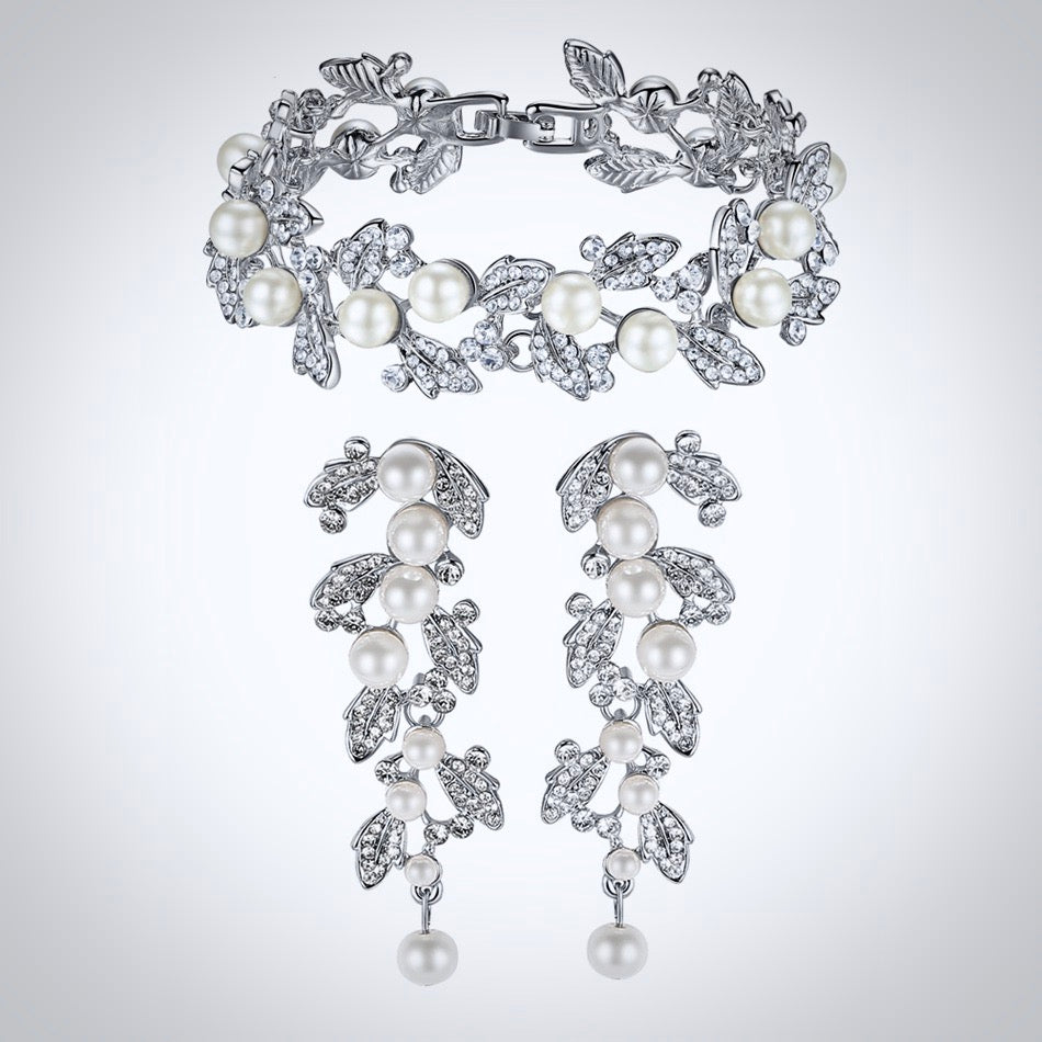 Sidra - Pearl Bridal Bracelet and Earrings Set