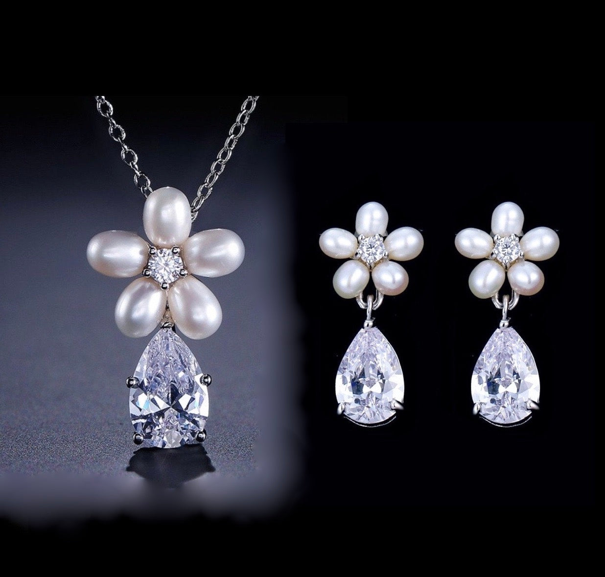 "Beverly" - Pearl and Cubic Zirconia Bridal Necklace and Earrings Set
