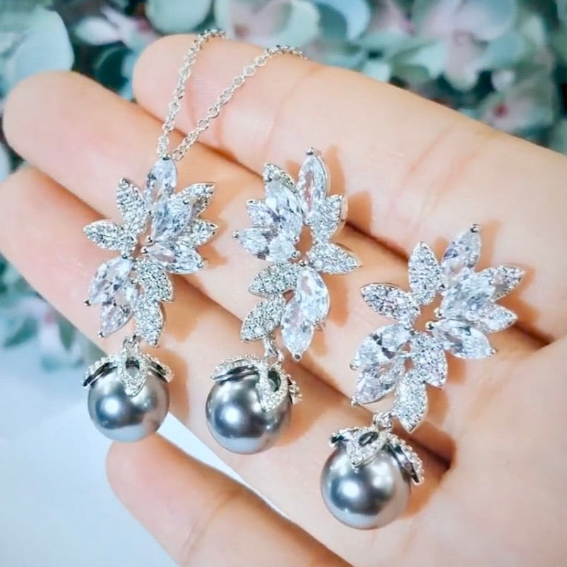 Ida - Gray Pearl and Cubic Zirconia Bridal Jewelry Set