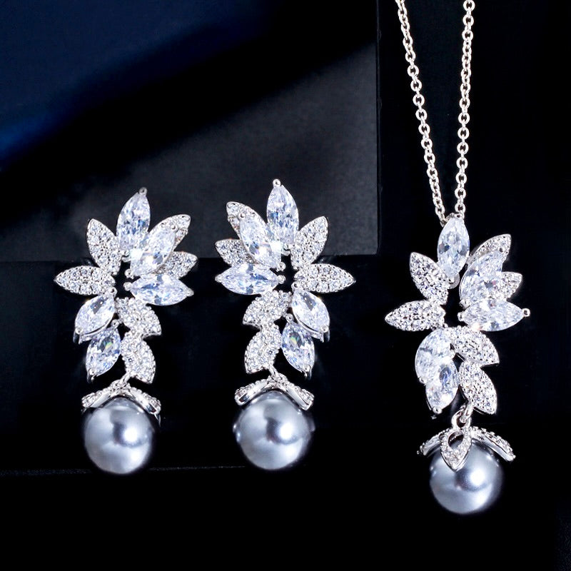 Ida - Gray Pearl and Cubic Zirconia Bridal Jewelry Set